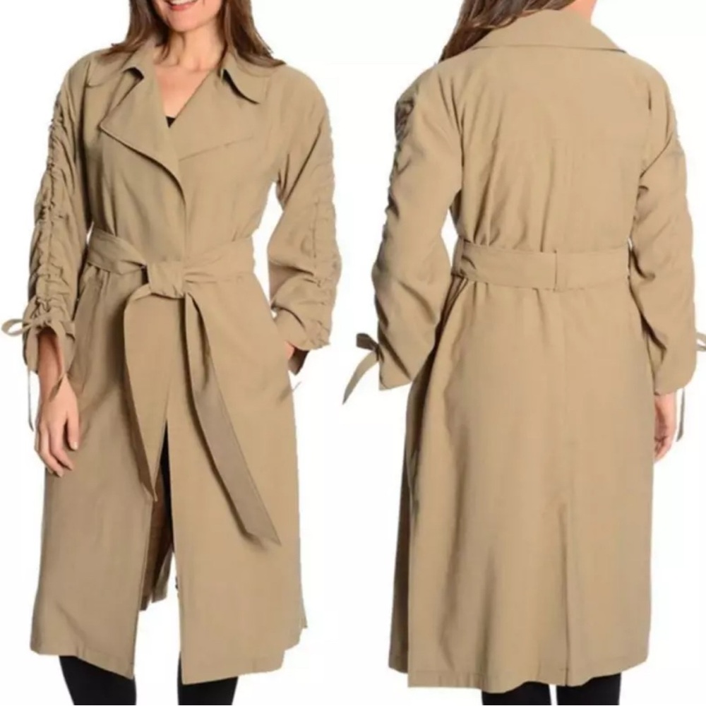 Trench Coat w/Cinched Sleeve light green/ tan 2side pockets Rayon Blend Large
